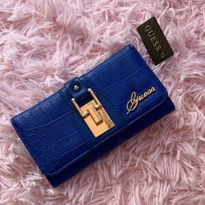Vintage Guess Blue Croc-Embossed Wallet with Gold Accents